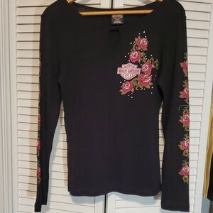 Harley-Davidson Black Floral Embroidered Women's Blouse